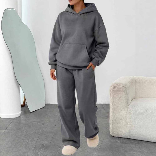 Damen nan zweiteiliges Freizeit-Lounge-Set mit Kapuzenpullover, Kängurutasche und gerader Loungehose aus weichem Baumwollmix Shop Nory