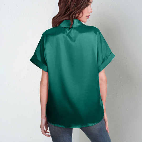 Damen Satin-Bluse mit großem Kragen und überschnittenen Schultern