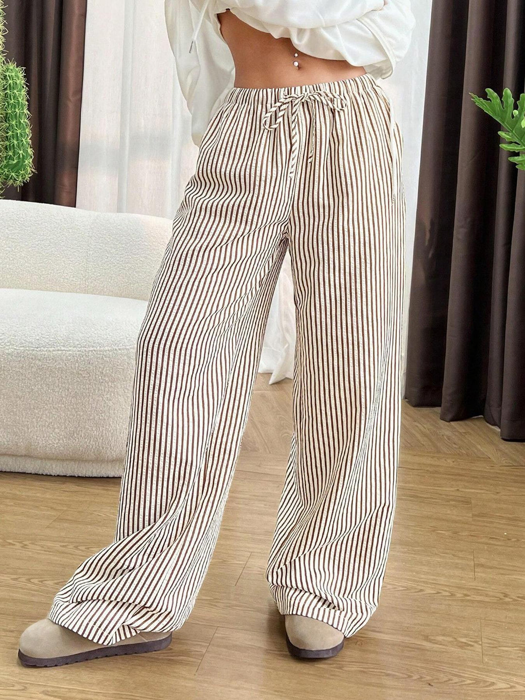 Damen Weite Highwaist-Hose mit Tunnelzug Streifen-Leinenoptik und Eingrifftaschen Shop Nory