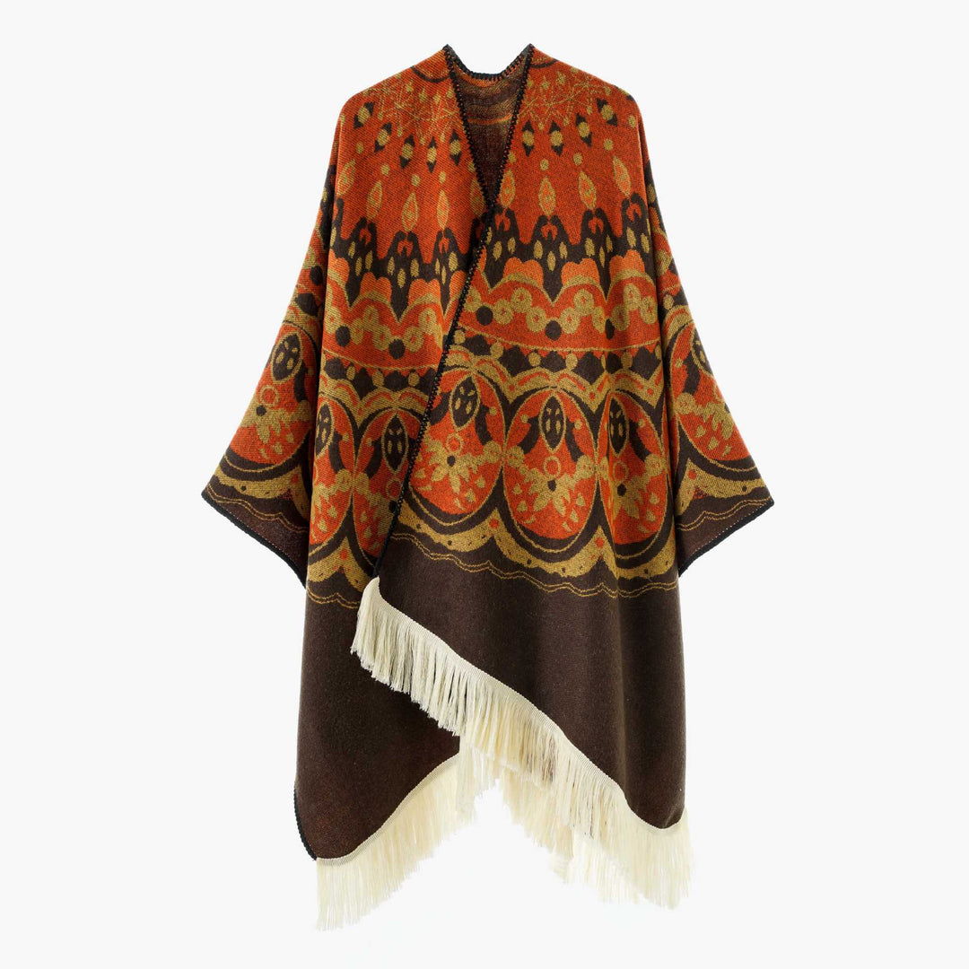 Damen Gewebter Jacquard-Poncho mit V-Ausschnitt, Ethno‑Print und Fransen Shop Nory