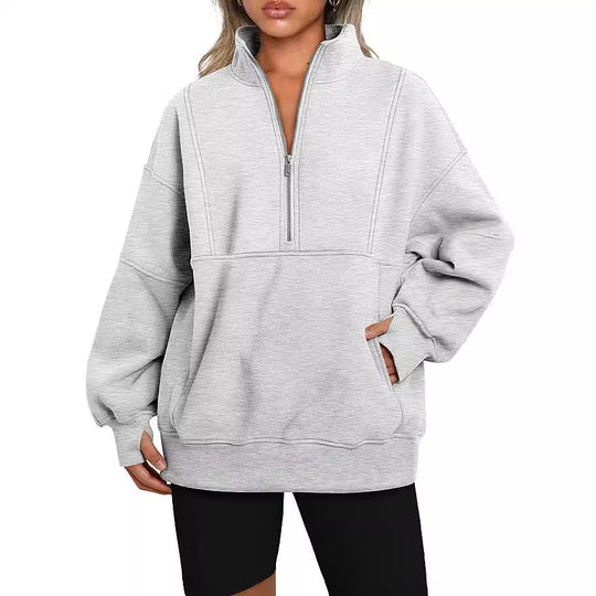 Damen Oversized Sweatshirt mit halbem Reißverschluss, Kängurutasche und Stehkragen Shop Nory