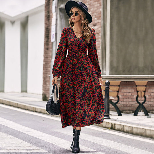 Damen Langes florales Maxikleid mit V-Ausschnitt, gerafftem Smokbund und fließendem A‑Linien‑Rock Shop Nory