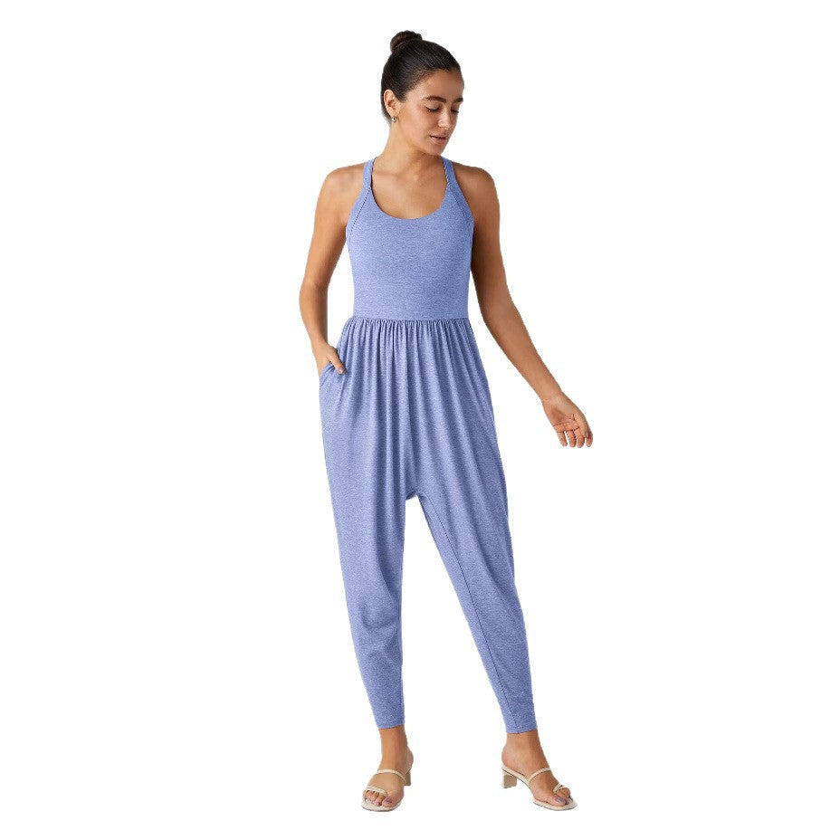 Damen nan lässiger Jersey-Overall mit Racerback, smockierter Taille und seitlichen Eingrifftaschen