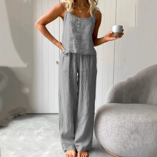 Damen lässiges Leinen-Set mit Trägershirt und weiten Hosen Shopnory