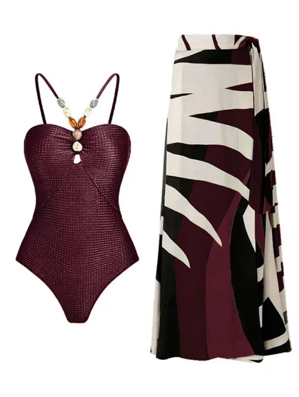 Damen Badeanzug mit elegantem Wickelrock und modischen Schmuckdetails
