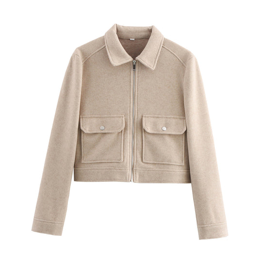 Damen Kurz geschnittene Wollmix-Jacke mit Hemdkragen, Reißverschluss und aufgesetzten Klappentaschen Shop Nory