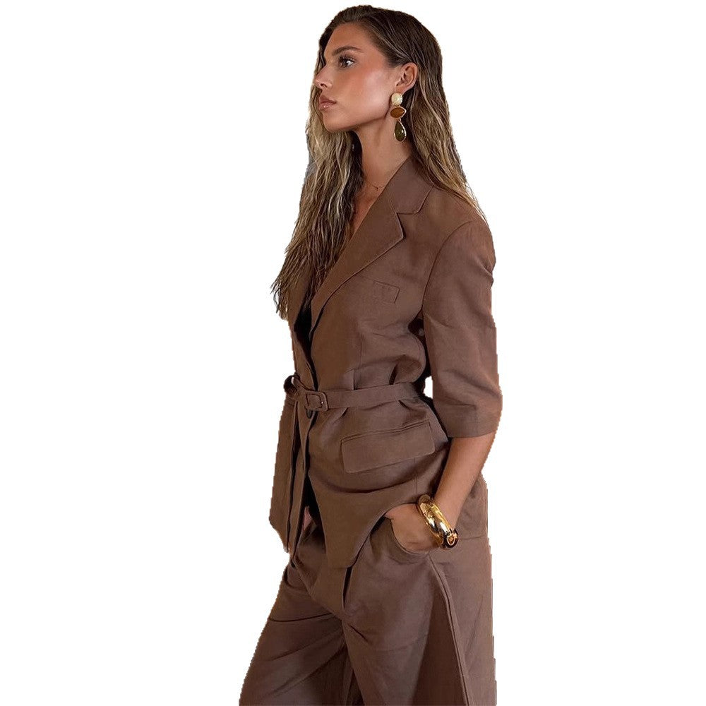 Damen Leinen-Mix taillierter Blazer mit Gürtel, 3/4-Ärmeln & Pattentaschen Shop Nory