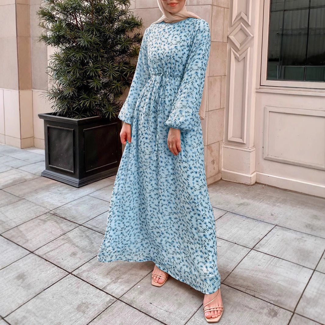 Damen Geblümtes Maxikleid mit Kordel-Taille und Ballonärmeln Shop Nory
