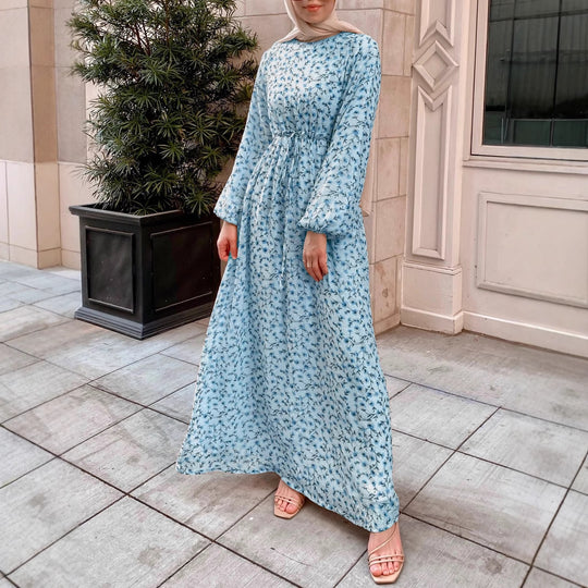 Damen Geblümtes Maxikleid mit Kordel-Taille und Ballonärmeln Shop Nory
