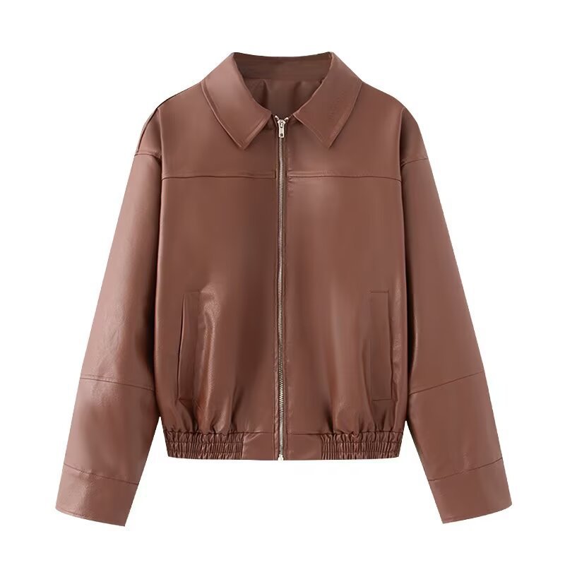Damen Kurzjacke aus Kunstleder im Oversized-Bomberstil mit Hemdkragen und elastischem Saum Shop Nory