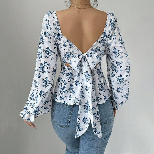 Damen geblümtes Carmen-Top mit geraffter Taillenlinie und Volant-Saum Shop Nory