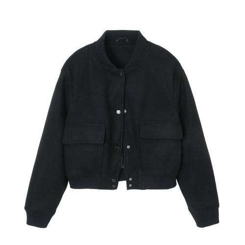 Damen kurze Woll-Bomberjacke mit aufgesetzten Pattentaschen und Rippbündchen Shop Nory