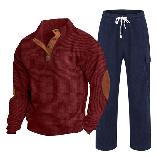 Herren Gemütliches Freizeit-Set aus Waffelstrick-Henley mit Ellenbogenpatch und Relax-Cargo-Hose Shop Nory