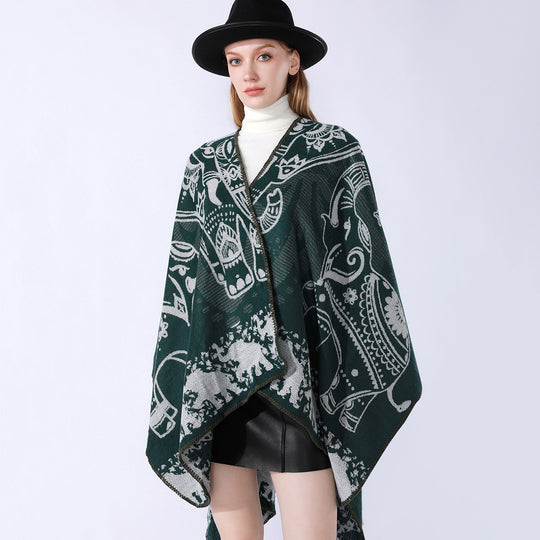 Damen Jacquard-Kimono-Cape aus Wollmix mit ornamentalen Tiermotiven Shop Nory