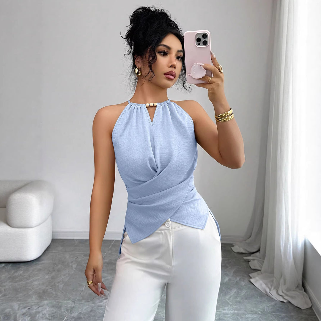 Damen Ärmelloses Twist-Halstops mit Holzperlen und asymmetrischem Saum Shop Nory