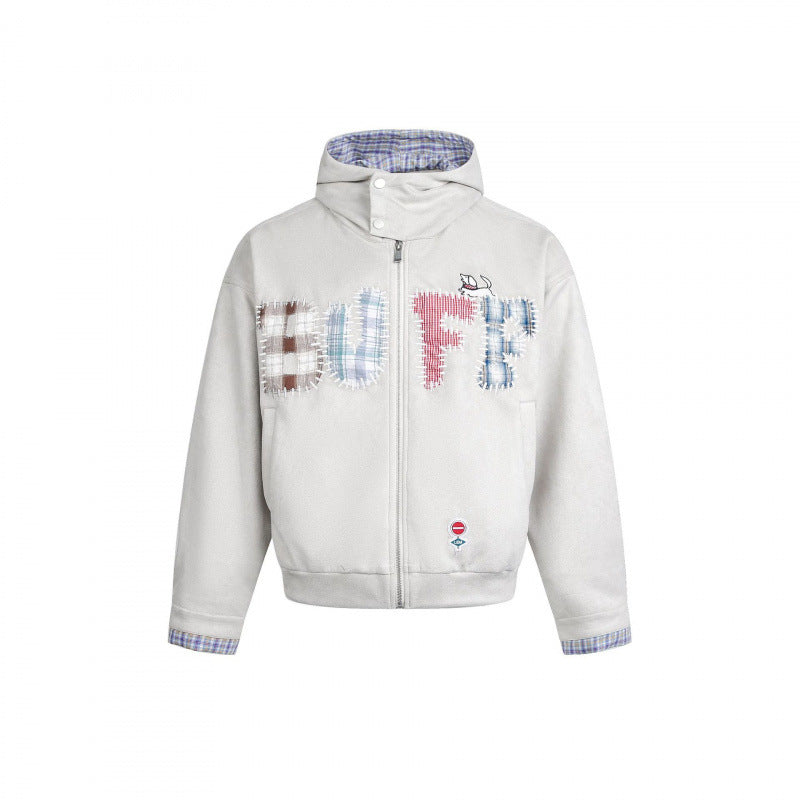 Herren Kapuzen-Fleecejacke mit kariert gefüttertem Kragen und gesteppten Schriftapplikationen Shop Nory