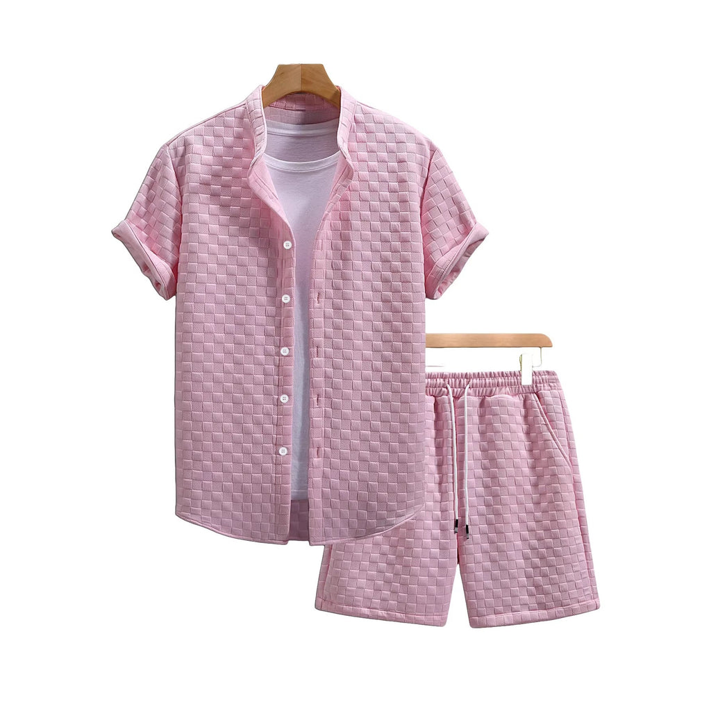 Herren nan zweiteiliges Sommerensemble mit Stehkragen-Hemdjacke und elastischen Komfort-Shorts in geprägter Karo-Textur