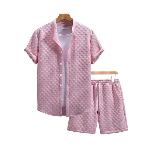Herren nan zweiteiliges Sommerensemble mit Stehkragen-Hemdjacke und elastischen Komfort-Shorts in geprägter Karo-Textur