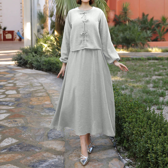 Damen Langes Zweiteiliges Maxikleid mit Überwurf, Rundhals und Zierknoten Shop Nory