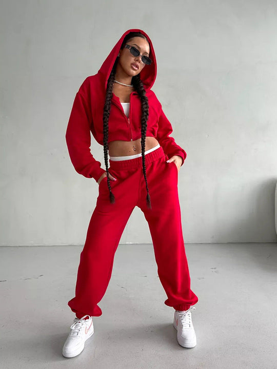 Damen cropped Sportjacke und lockere Jogginghose Set