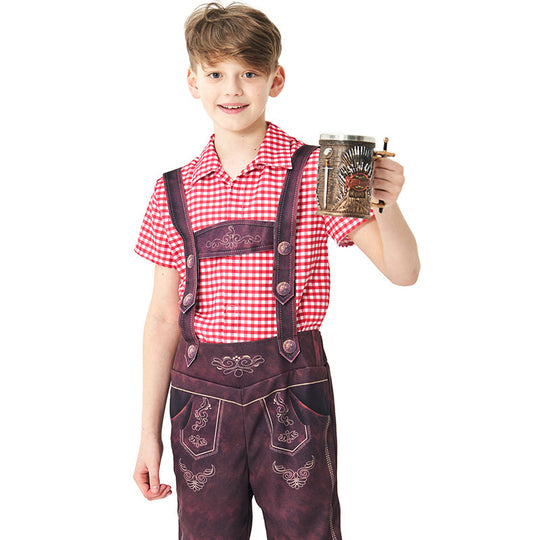 Damen nan traditionelle Trachtenlederhose mit verstellbaren Trägern und kariertem Blusen-Set Shop Nory