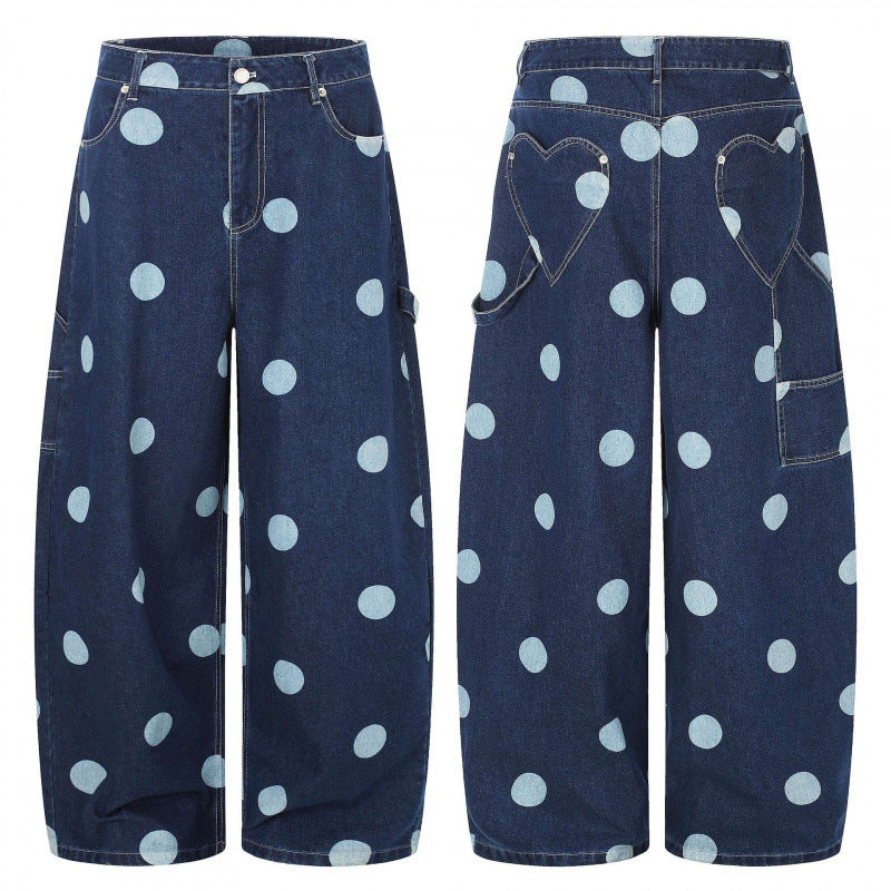 Damen Weite Cropped-Jeans mit hoher Taille, Polka‑Dot‑Print und Carpenter‑Details Shop Nory