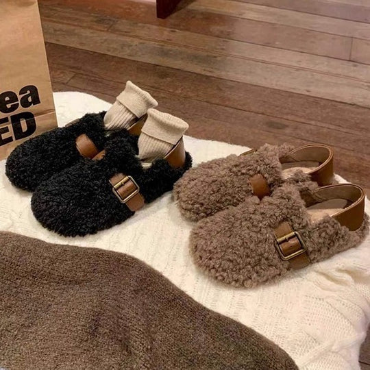 Damen Gefütterte Teddy-Flausch Mules mit verstellbarer Metallschnalle und Fersenriemen Shop Nory