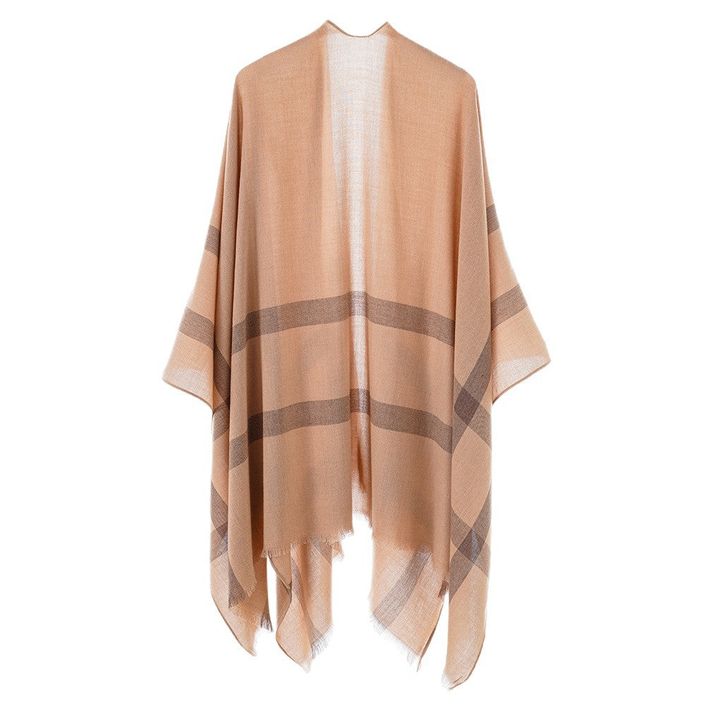 Damen Leichter V-Ausschnitt-Poncho aus feinem Gewebe mit diagonalen Kontraststreifen Shop Nory