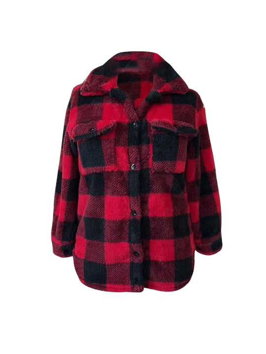 Damen Oversized Teddy-Hemdjacke mit Karomuster Shopy Nory