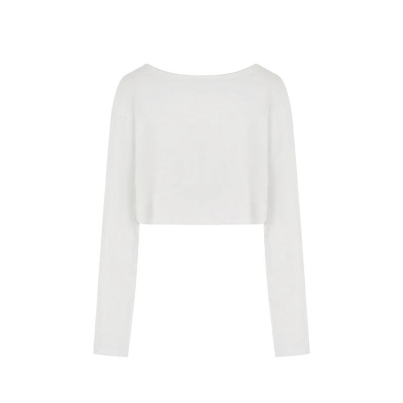 Damen Kurz geschnittenes Langarm-Crop-Top mit weitem Rundhals Shop Nory
