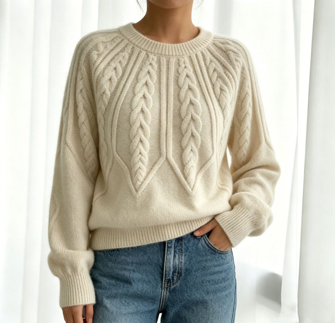 Damen kurzgeschnitteter Grobstrick-Zopfpullover mit Ballonärmeln Shop Nory