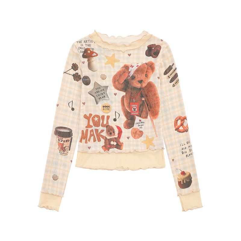 Damen Langarm Mesh-Top mit Teddy-Print und Lagenoptik Shop Nory
