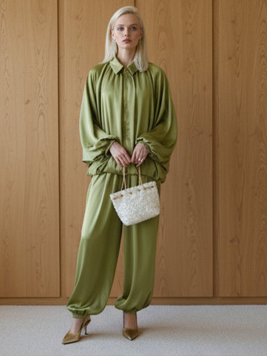 Damen Elegantes Satin-Zweiteiler-Set mit Oversize-Blouson und weiter Palazzo-Hose Shop Nory