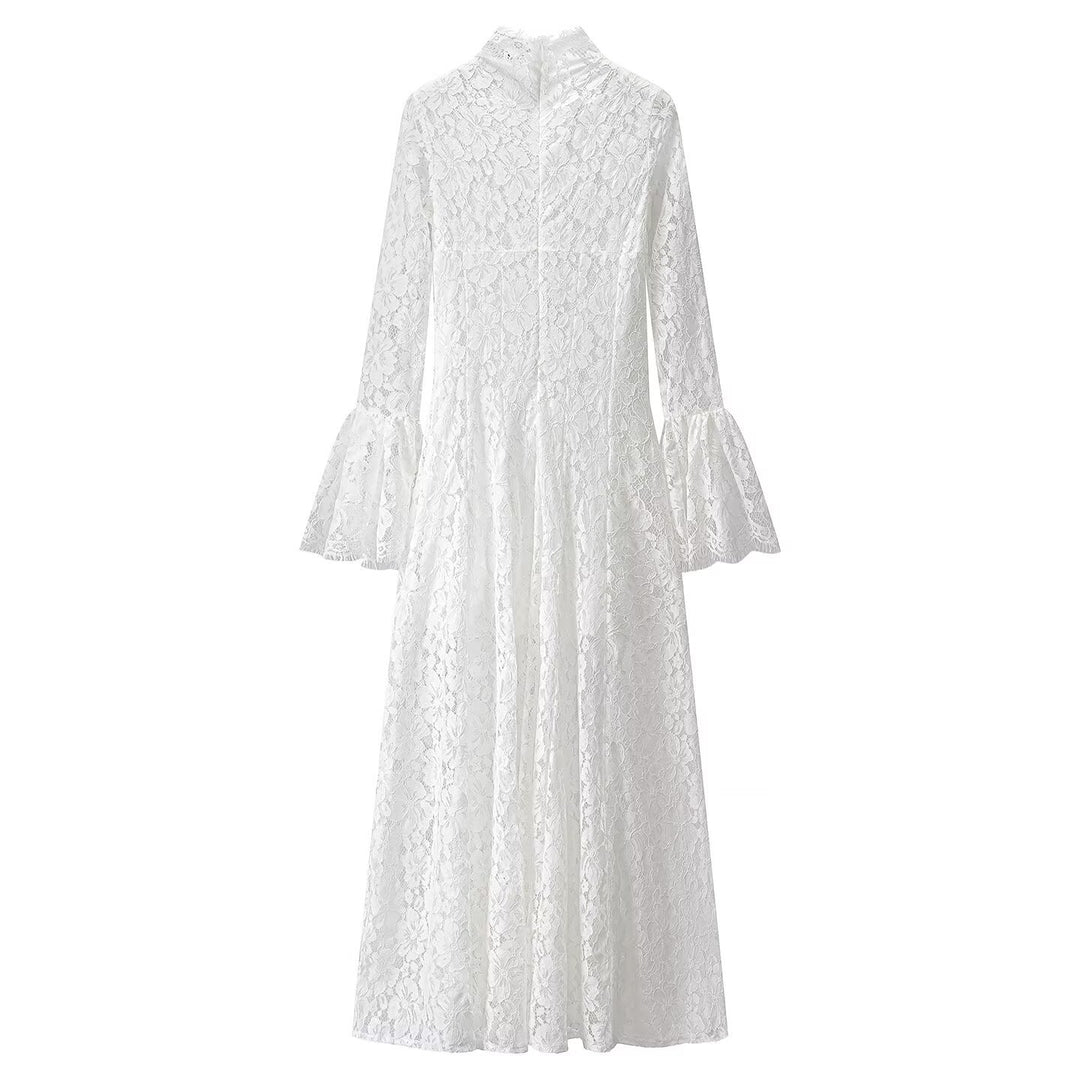 Damen Maxikleid aus floraler Spitze mit hohem Stehkragen und Glockenärmeln Shop Nory
