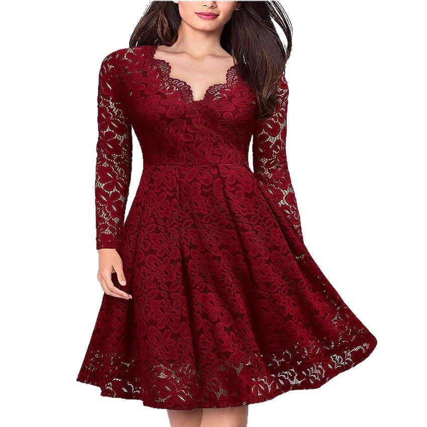 Damen tailliertes A-Linien-Spitzenkleid mit Tellerrock