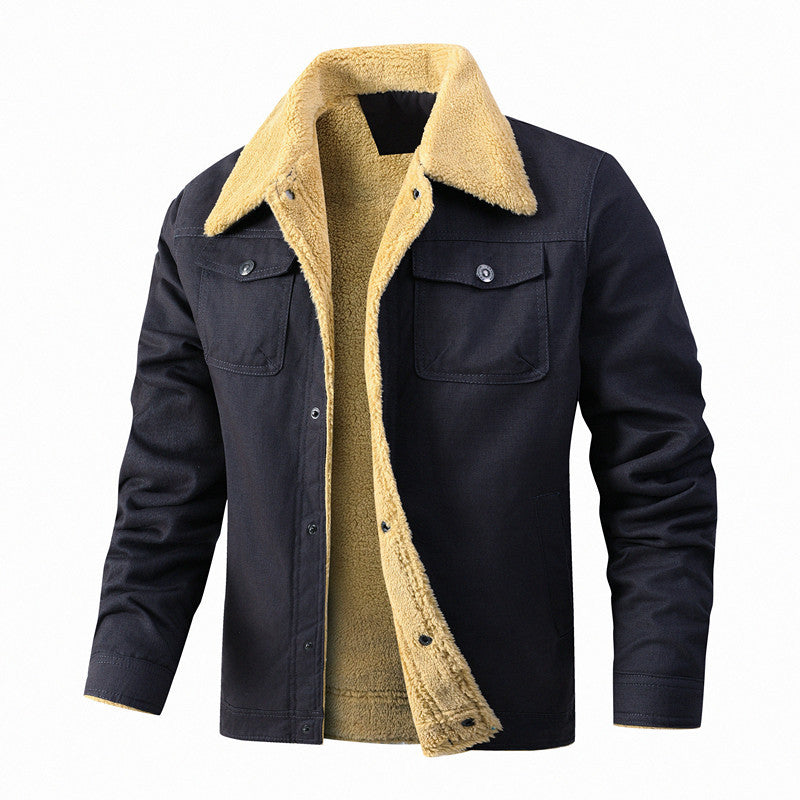 Herren Lässige Sherpa-gefütterte Canvas-Truckerjacke mit Hemdkragen Shop Nory