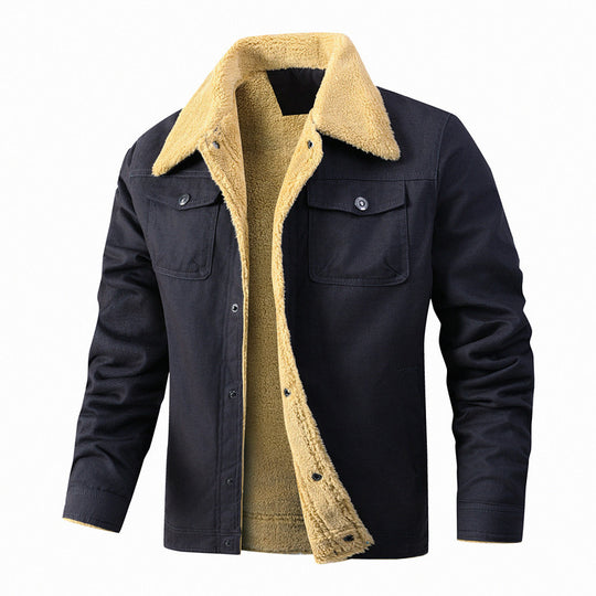 Herren Lässige Sherpa-gefütterte Canvas-Truckerjacke mit Hemdkragen Shop Nory