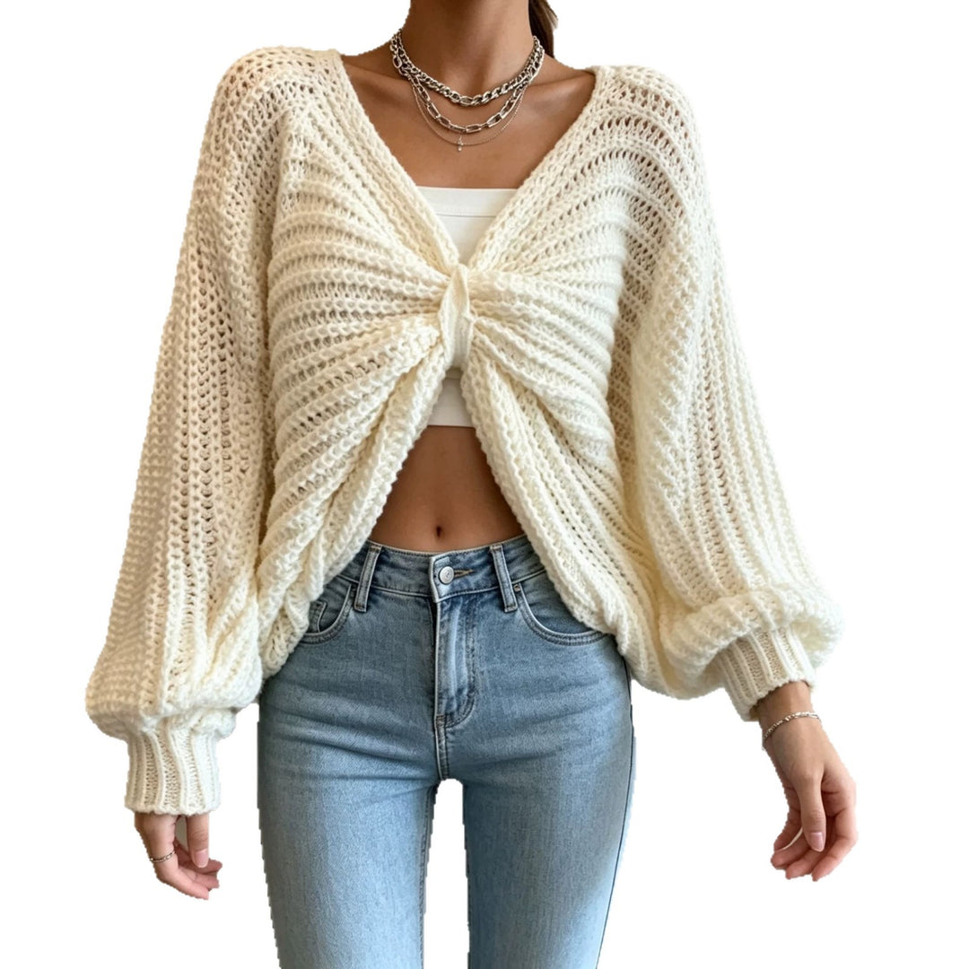 Damen Cropped Strickcardigan mit Knotendetail und Ballonärmeln Shop Nory