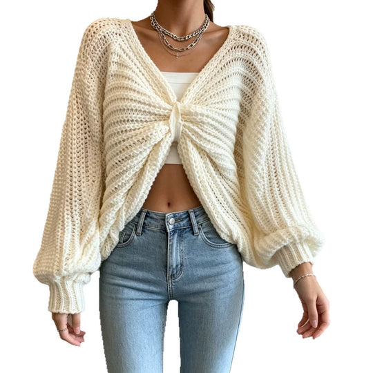 Damen Cropped Strickcardigan mit Knotendetail und Ballonärmeln Shop Nory