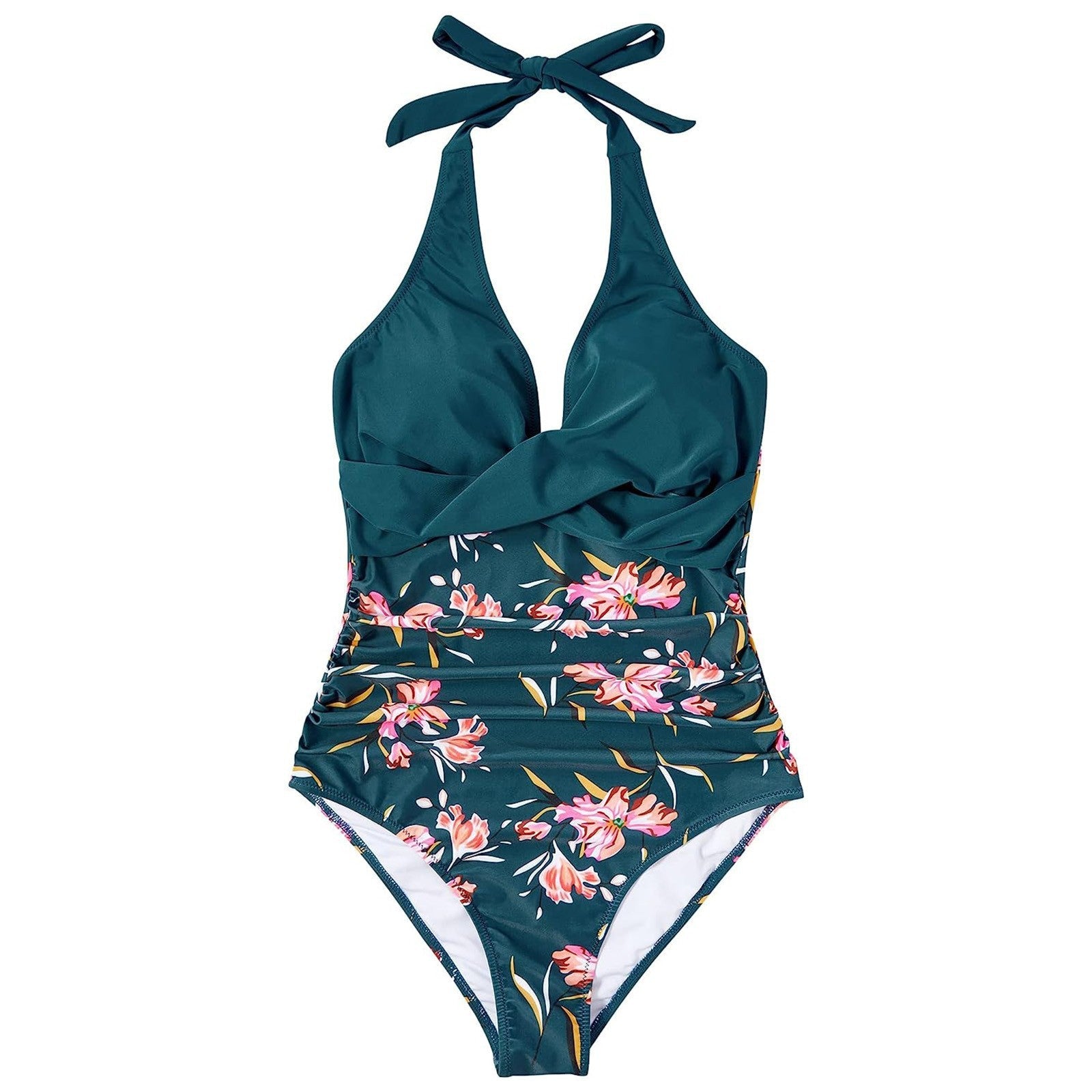 Damen Einteiler Badeanzug mit floralem Wickel-Design und verstellbaren Trägern