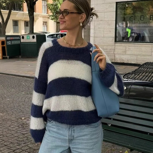 Damen Oversize-Strickpullover mit breiten Blockstreifen und Rundhalsausschnitt Shop Nory
