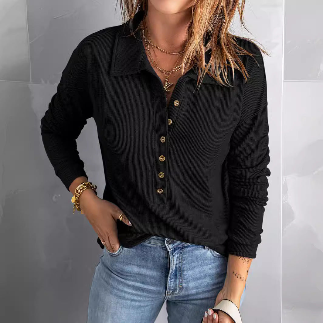 Damen Geripptes Langarm-Polohemd mit Knopfleiste und Hemdkragen Shop Nory