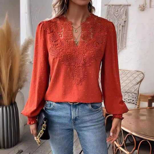 Damen Bluse mit Spitzen‑Plastron, V‑Ausschnitt und ballonartigen Ärmeln Shop Nory