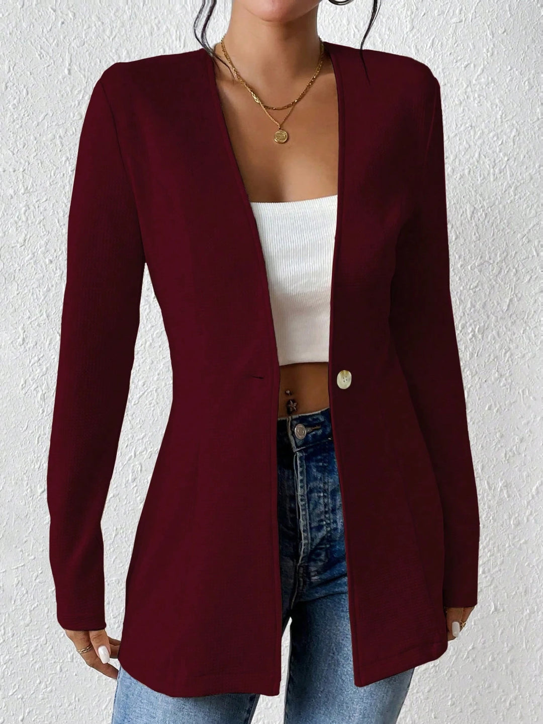 Damen Taillierter kragenloser Longblazer mit Ein-Knopf-Verschluss Shop Nory