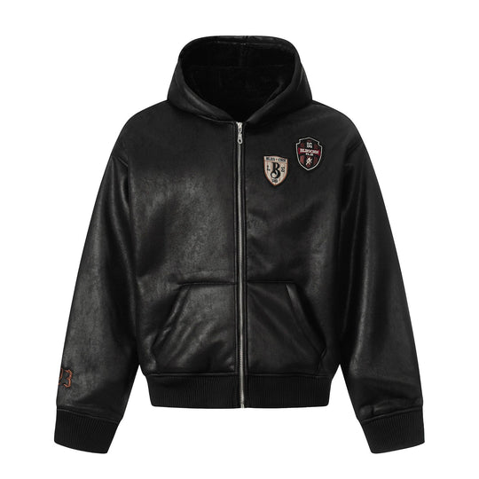 Herren Kapuzen-Lederblouson mit Teddyfutter und Rippbündchen Shop Nory