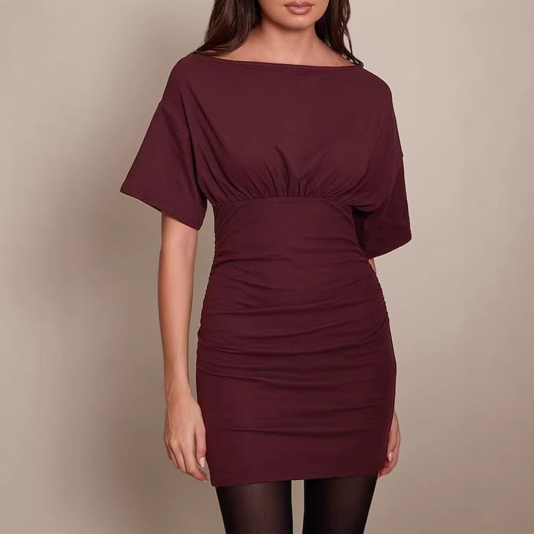 Damen Figurnahes Mini-Kleid mit U‑Boot‑Ausschnitt, Taillenraffung und Fledermausärmeln Shop Nory