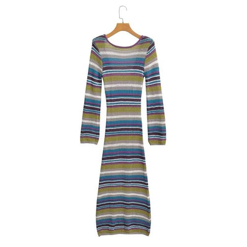 Damen Gestreiftes Rippstrick-Maxikleid mit Rundhalsausschnitt und figurbetonter Silhouette Shop Nory