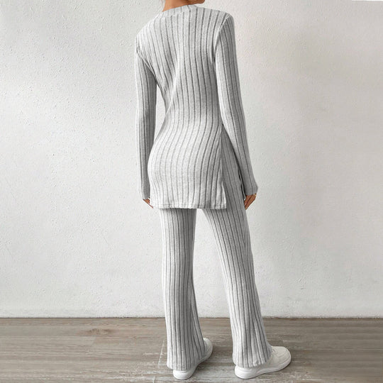 Damen geripptes Feinstrick-Lounge-Set mit seitlicher Saumschlitzen, figurbetontem Longsleeve und weitem Highwaist-Hose Shop Nory