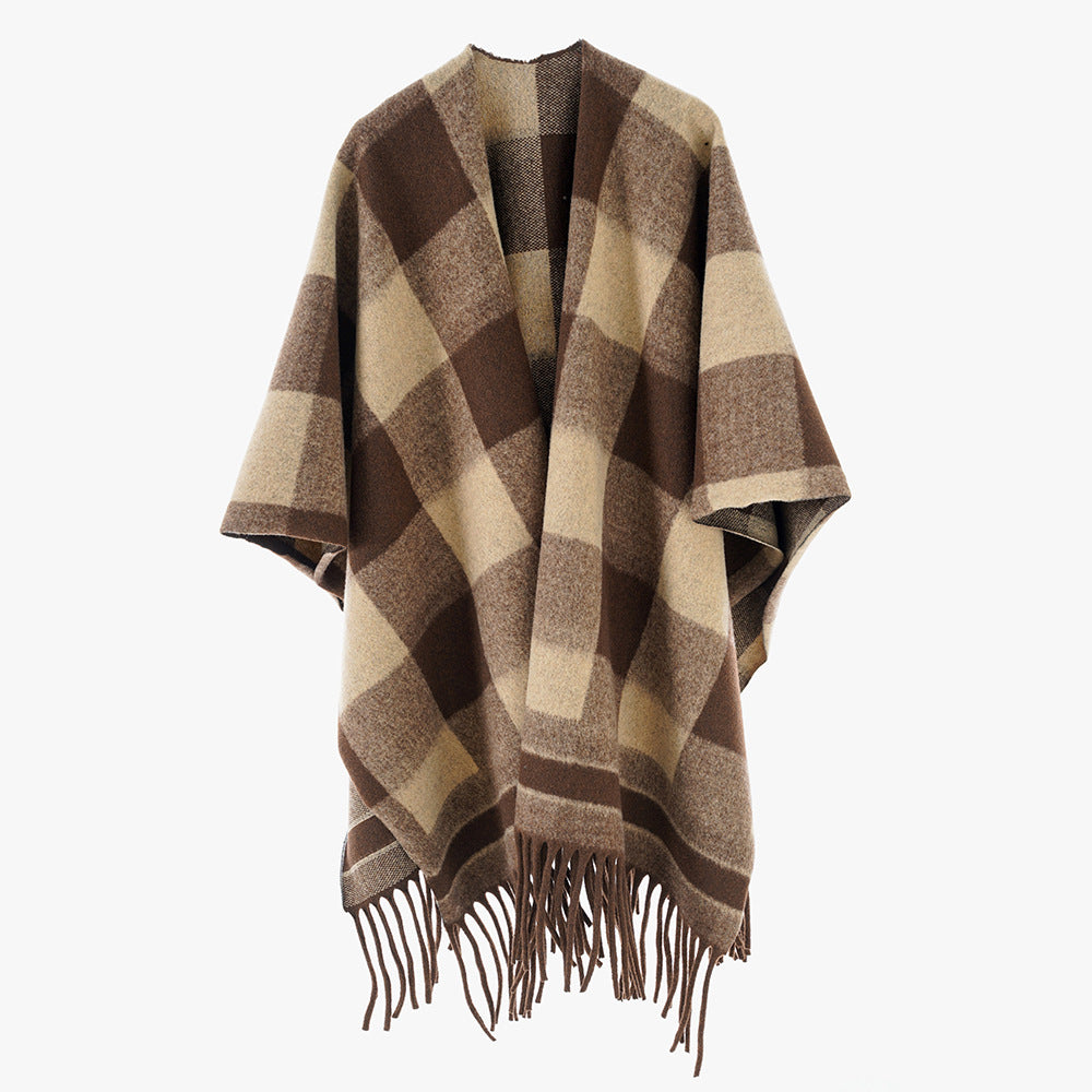 Damen Capeponcho im Plaid-Wickelstil aus Wollmix mit Fransensaum Shop Nory