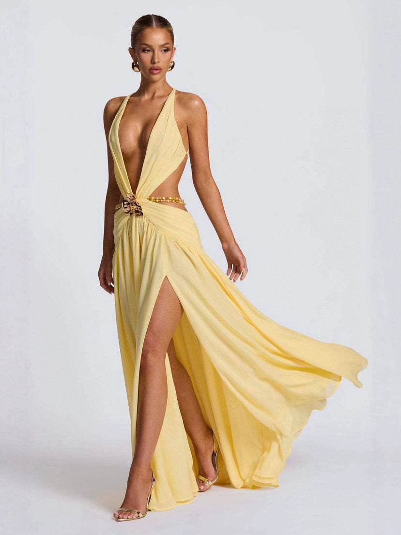 Damen Maxikleid mit tiefem V-Ausschnitt und elegantem Wickeldesign